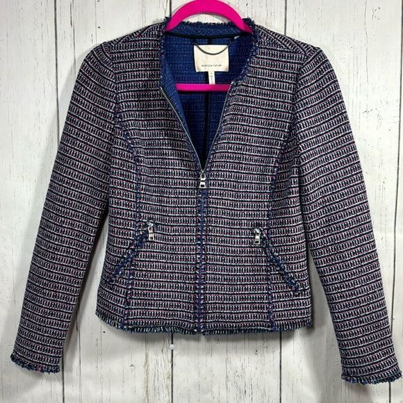 Rebecca Taylor Tweed Zip Up Blue White Fringe Edges Collarless Blazer Jacket - Picture 1 of 16